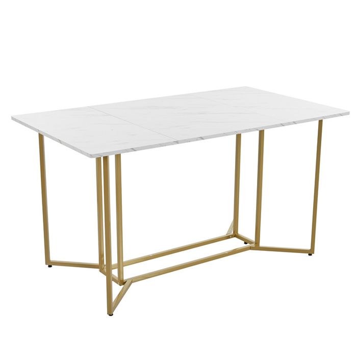 table de salle à manger rectangulaire 140x80cm, structure unique en métal, plateau en marbre, pieds réglables, blanc/doré
